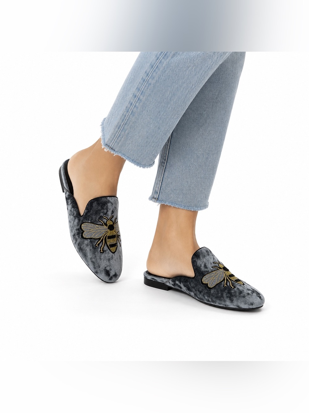 Steve Madden Hugh Gray Velvet Bee Embroidered Mule Loafers Backless Slip-On Flat